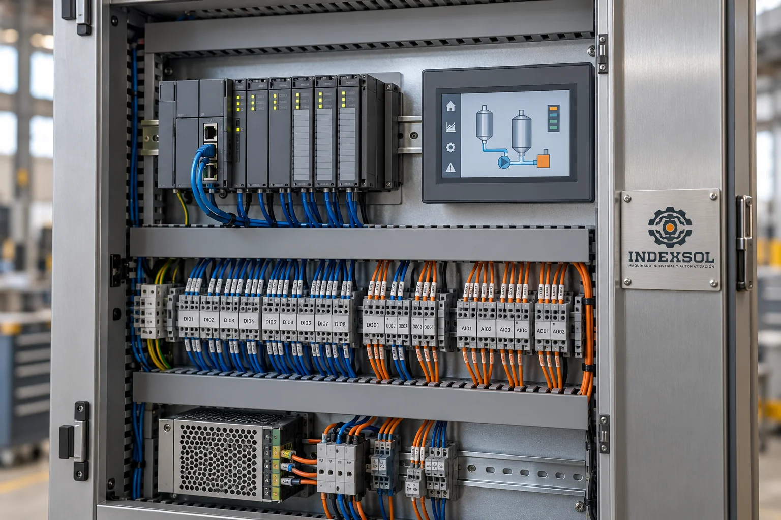 Mockup de gabinete de control PLC con módulos de entradas y salidas, HMI y cableado industrial